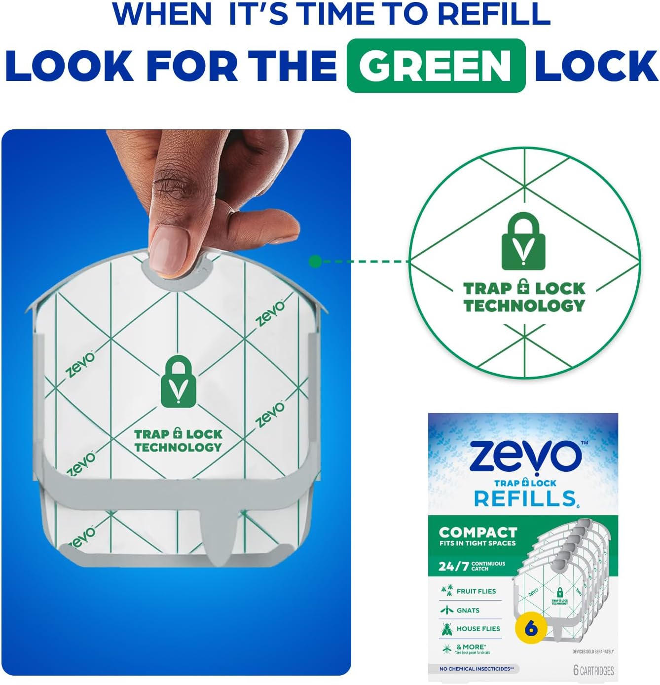Zevo Compact Flying Insect Trap Kit with Refill Cartridges - Plug-in Indoor Bug Catcher for Gnats, House & Fruit Flies - Blue + UV Light Technology, No Odor, No Mess (1 Plug-in Device + 3 Cartridges)