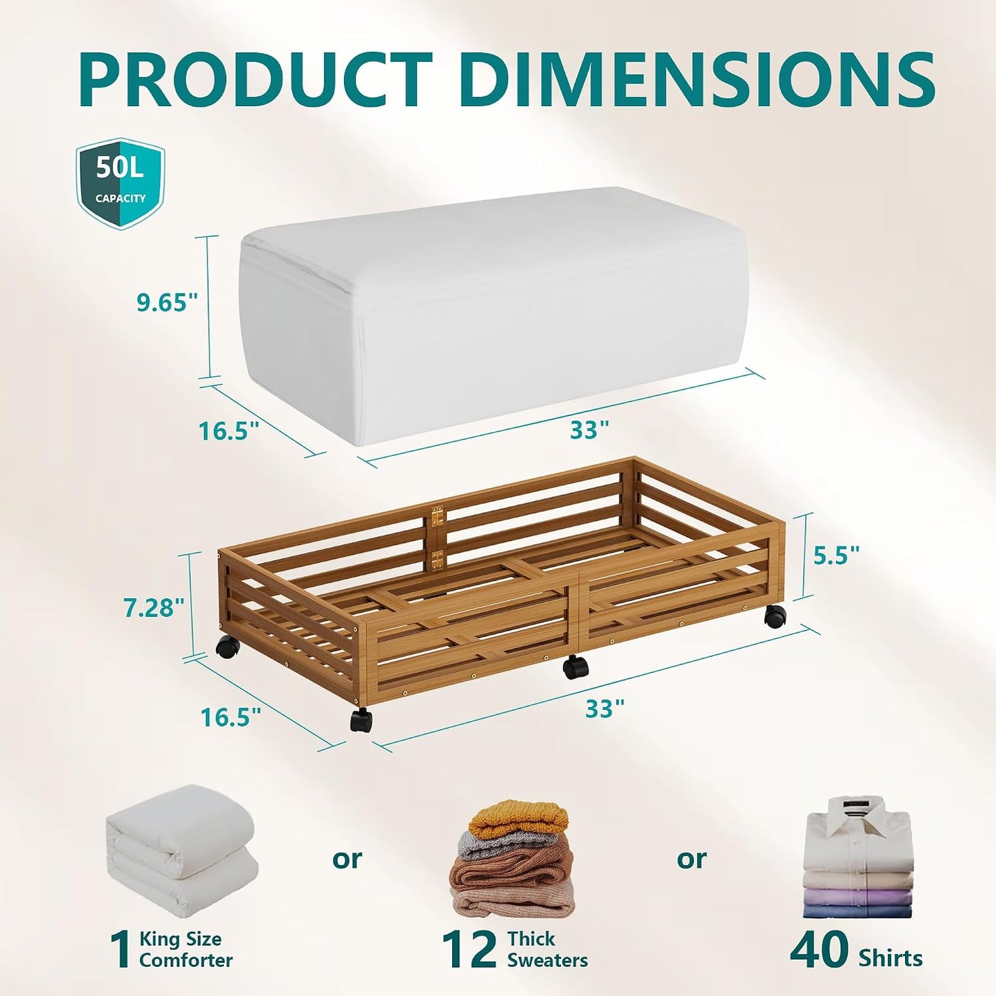 Wisuce 2 Packs Bamboo Under Bed Storage Organizer with Wheels White Small | 360° Lockable Wheels,120lbs Load Capacity, Multi-scene ,Dustproof Clear Storage Bag, Large Capacity,Easy Quick Assembly
