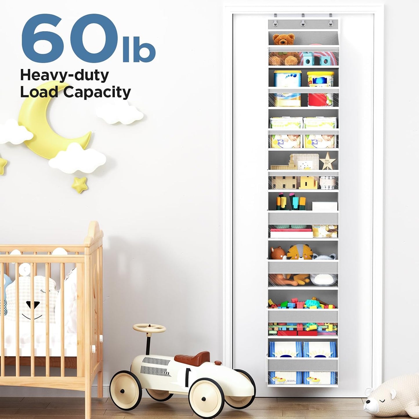6 Tiers Over The Door Organizer, Heavy Duty Hanging Organizer Storage with Large Capacity Pockets, Behind Door Storage Hanging Shelves for Closet Wall Bathroom Bedroom Nursery Pantry, 1 Pack Grey