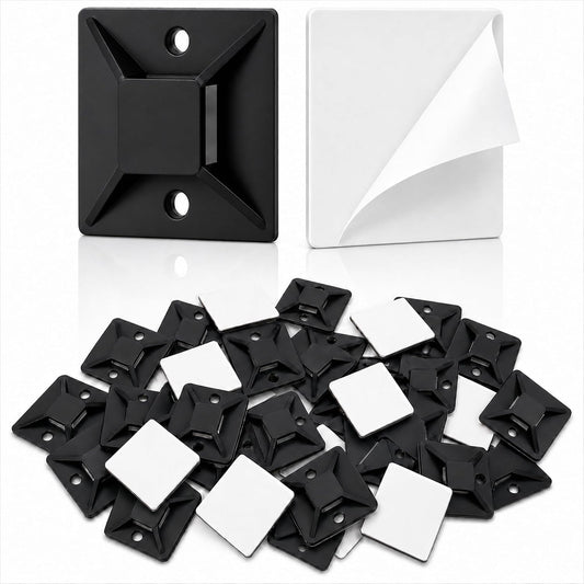 100 PCS 1" Adhesive Cable Tie Mounts – Strong Sticky Back Nylon Wire Holders for Cable Management in Home, Office, Car & Christmas Lights (BLACK-100)