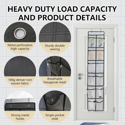 Over the Door Shoe Organizer, 12 Mesh Pockets Hanging Shoe Organizer with 4 Metal Hooks (Black)