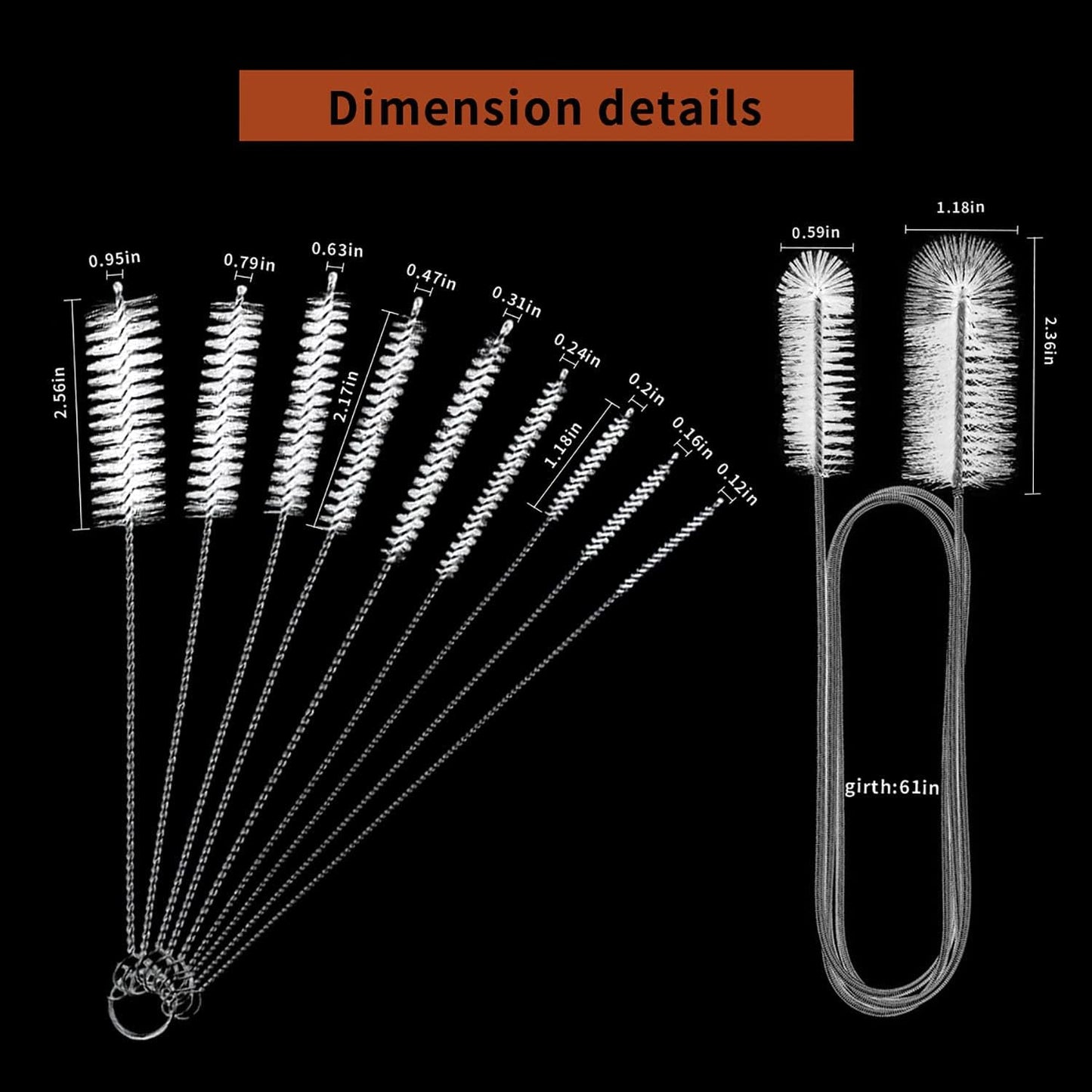 10PCS Flexible Drain Brush Straw Cleaner Brush Set,Pipe Cleaners Brush,61Inch Stainless Steel Double-Ended Hose Brush 8.2Inch Nylon Long CPAP Tube Cleaning Brush for Home Kitchen Sink Plumbing