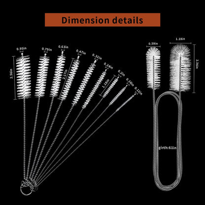 10PCS Flexible Drain Brush Straw Cleaner Brush Set,Pipe Cleaners Brush,61Inch Stainless Steel Double-Ended Hose Brush 8.2Inch Nylon Long CPAP Tube Cleaning Brush for Home Kitchen Sink Plumbing