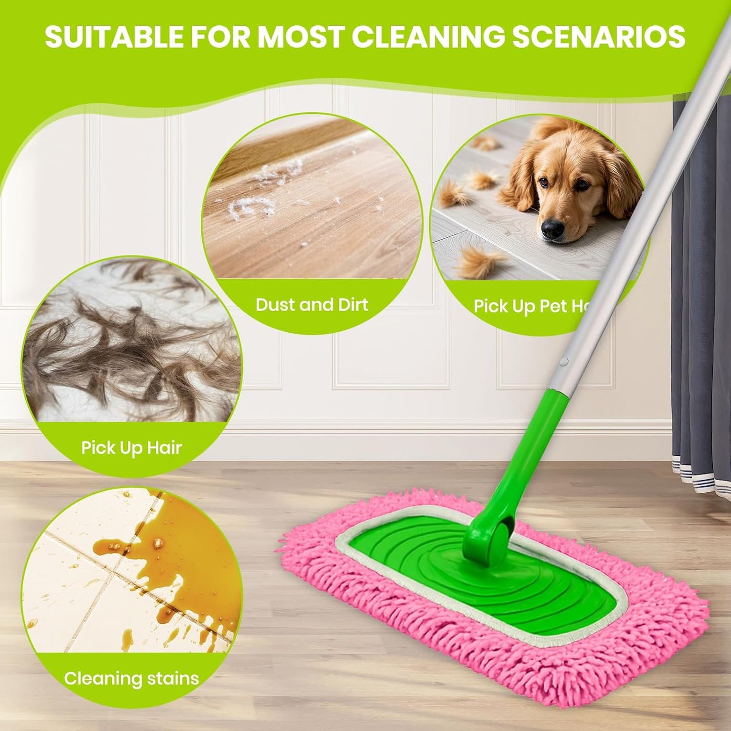 8 Pack Chenille Mop Pads, Reusable Microfiber Mop Refills for 10''–12'' Flat Mops, Washable Wet & Dry Floor Pads for Hardwood, Tile, Compatible with Swiffer Sweeper（Pink）
