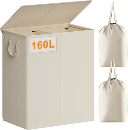 Chrislley 140L Laundry Hamper 2 Section, Double Laundry Basket with Lid, Large Dirty Clothes Hamper with Removable Liner Bags, Collapsible Laundry Organizer for Bedroom, Dorm,Beige