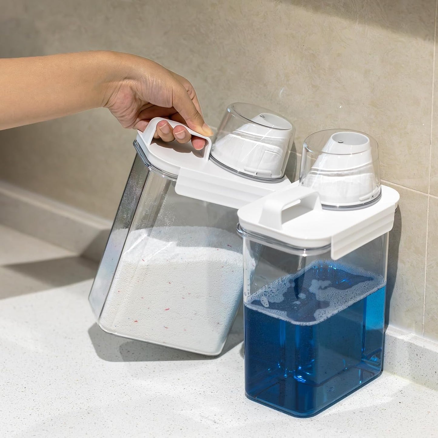 Provoue Laundry Detergent Dispenser-2 Pack, 37 oz Detergent Dispenser with 4 Removable Labels, Laundry Soap Dispenser for Laundry Room Organization and Storage, BPA Free & PET Plastic Clear