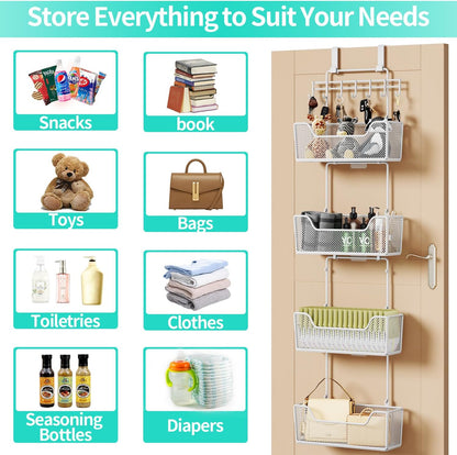 HapiRm Over The Door Organizer - Hanging Door Organizer with 4 Metal Large Capacity Baskets and Adjustable Coat Hook for Bathroom Bedroom Kitchen Pantry Closet Cabinet