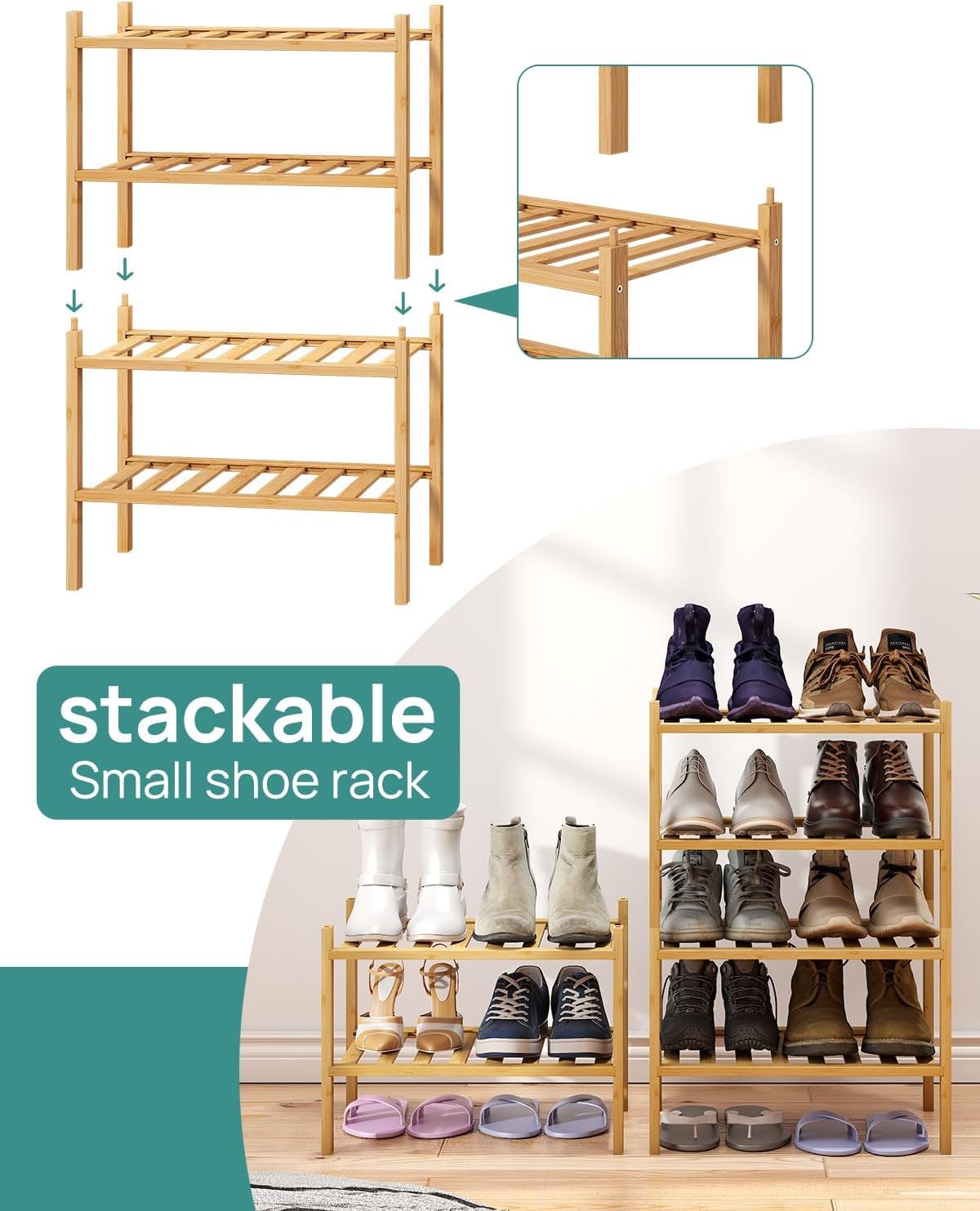 viewcare 3-Tier Black Bamboo Shoe Rack for Entryway, Stackable | Foldable | Natural, Shoe Shelf Storage Organizer for Hallway Closet, Free Standing Shoe Racks for Indoor Outdoor