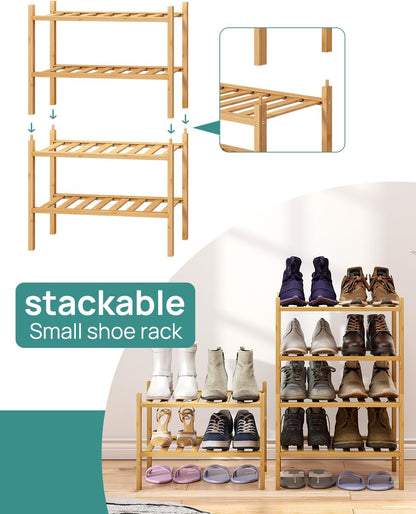 viewcare 3-Tier Black Bamboo Shoe Rack for Entryway, Stackable | Foldable | Natural, Shoe Shelf Storage Organizer for Hallway Closet, Free Standing Shoe Racks for Indoor Outdoor