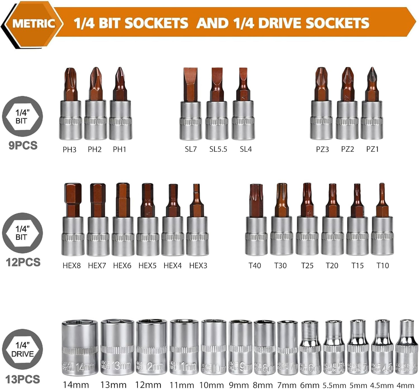 Egofine 46 Pieces 1/4 inch Drive Socket Ratchet Wrench Set, with Bit Socket Set Metric and Extension Bar for Auto Repairing and Household, with Storage Case