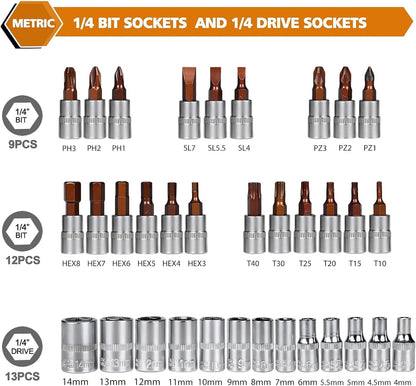 Egofine 46 Pieces 1/4 inch Drive Socket Ratchet Wrench Set, with Bit Socket Set Metric and Extension Bar for Auto Repairing and Household, with Storage Case