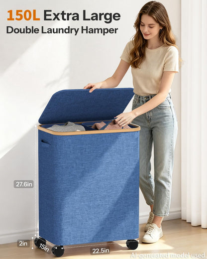 Double Laundry Hamper with Lid and Wheels, 150L Large Laundry Basket with 2 Sections & Removable Liner Bags, Rolling Dirty Clothes Basket with Handles for Bedroom, Bathroom, Dorm, College