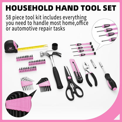 144-Piece General Household Hand Tool Kit with Plastic Toolbox Pink | Basic General Hand Tool Kit, Household Tool Set, for Home Repair, Office & College Dormitory Use, Daily Use for Women