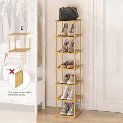 MHXW SXPN Bamboo Free Standing Shoe Rack Shelf Multi Tier Tall Wooden Stackable Shoes Rack Organizer for Closet Front Door Entrance Narrow Vertical Shoe Storage (Nature, 7 Tiers)