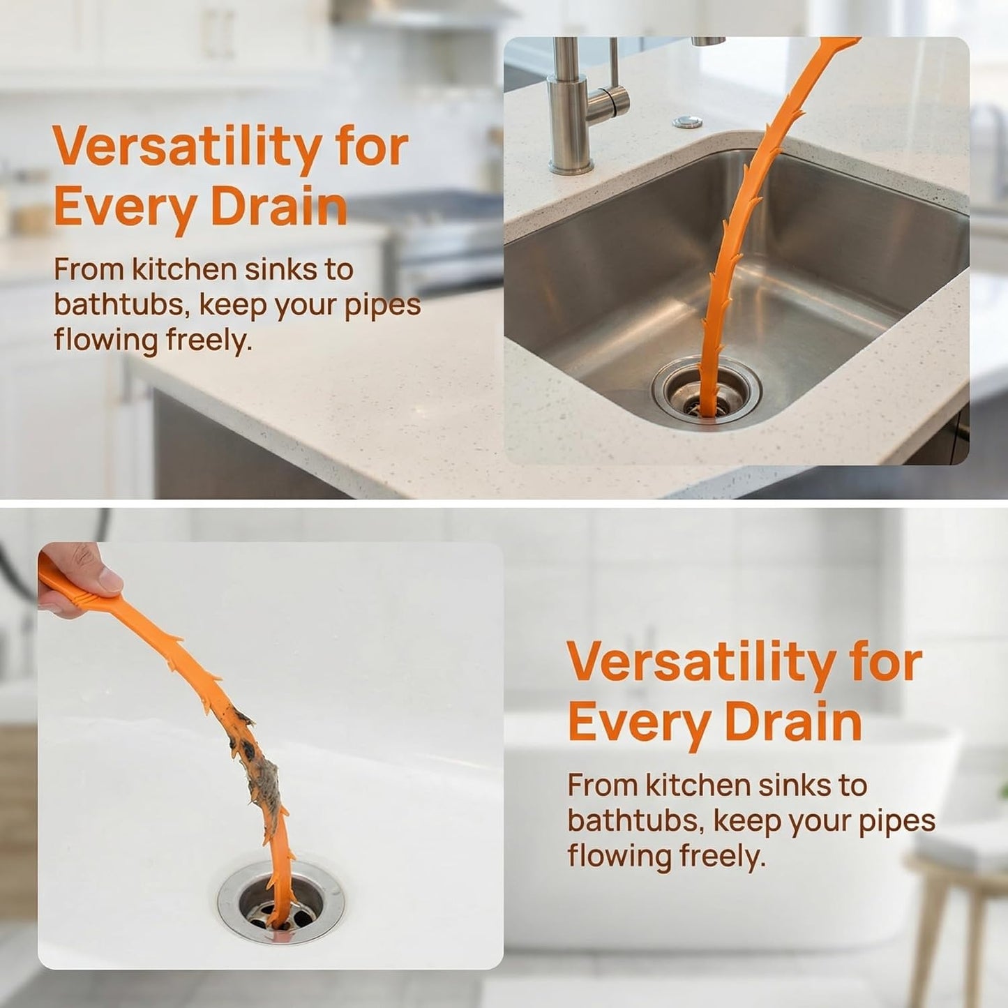 Drain Snake Hair Clog Remover Orange Plastic, 20 Inch Barbed Design for Bathroom Tub Kitchen Sink Toilet Sewer Cleaning 4 Pack
