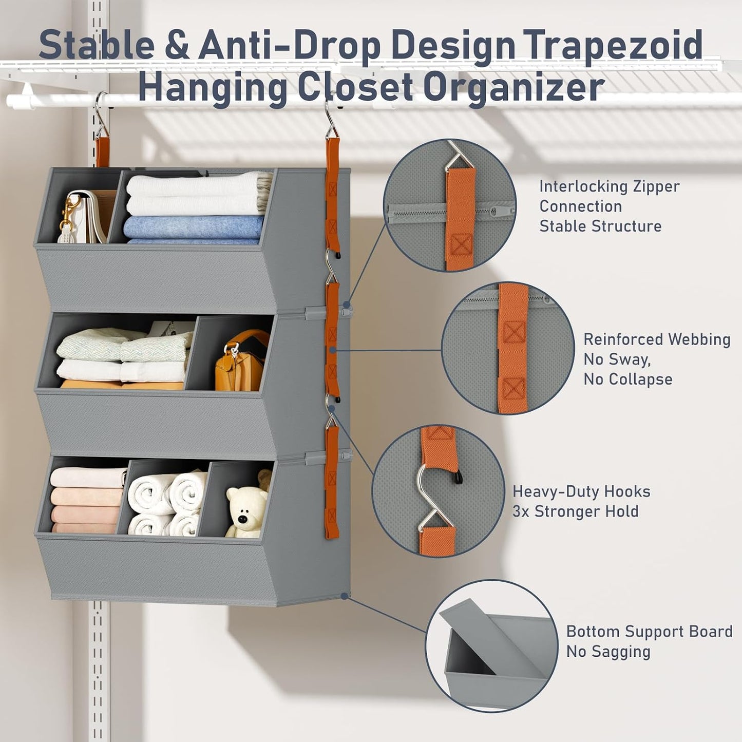 Hanging Closet Organizer Extra Large, Clothes Hanging Shelves for Closet with Divider, Collapsible Closet Storage System, Fabric Closet Hanging Organizer for Home, Dorm, Rv, ,Handbags, Underwear, Sock