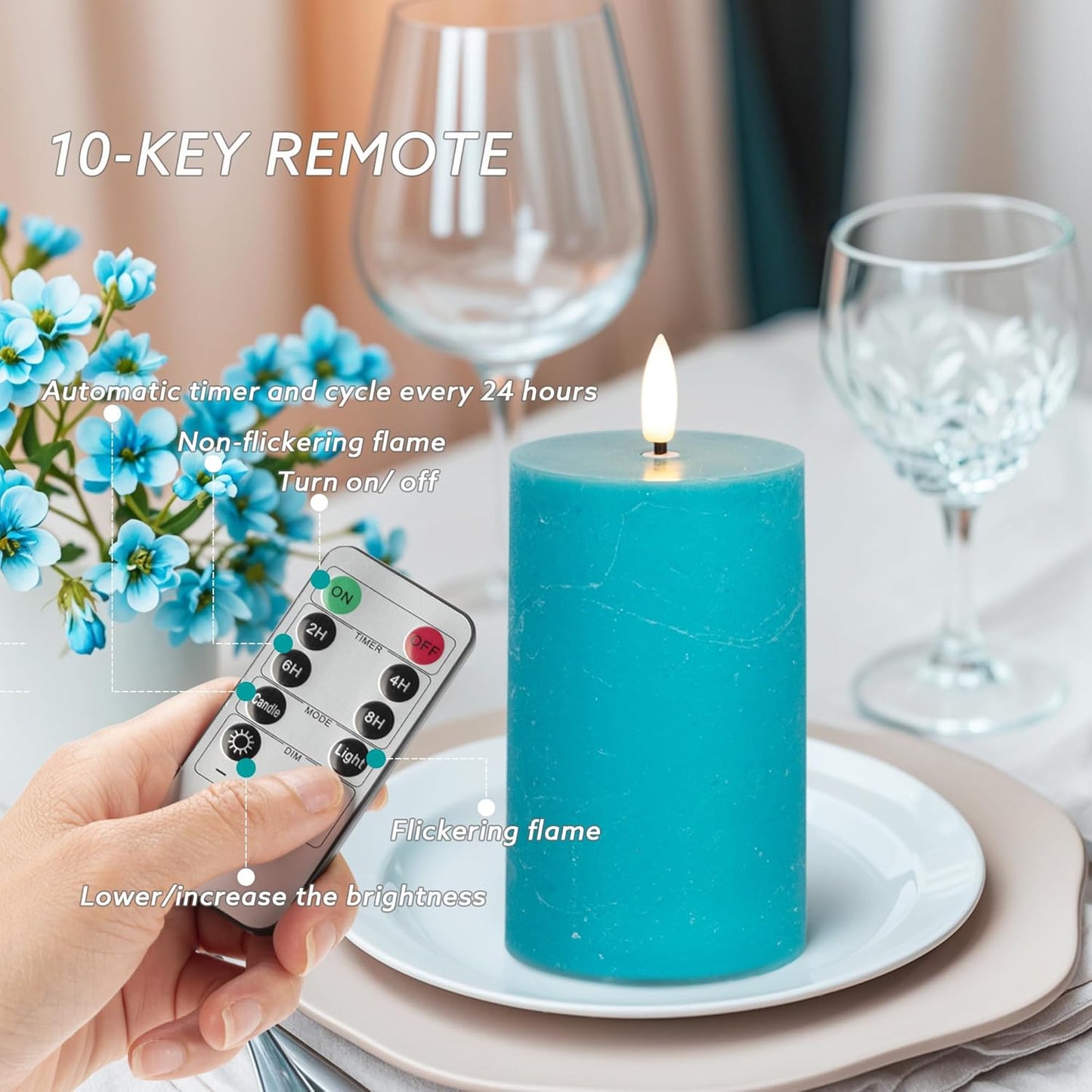 Flickering Flameless Candles, Real Wax Battery Operated Candles with Remote, Flat Top Led Flameless Pillar Candles for Home, Wedding, Party Decor, Set of 4, Φ 3" H 4" 5" 6" 8", Ivory