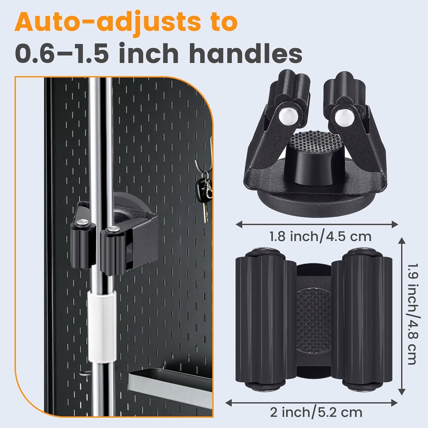 4 Pack Strong Magnetic Broom Holder, No Drill Heavy Duty Mop and Tool Organizer with Anti-Slip Rubber Grippers, Movable Wall Mounted Storage Rack for Kitchen, Garage, Garden, RV and Laundry, Black