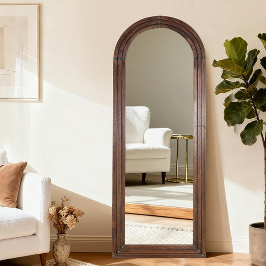 Full Length Mirror 65"x24" Arched Solid Wood Frame Floor Standing Mirror, Hanging or Leaning Wall-Mounted for Living Room, Bedroom, Oak Color