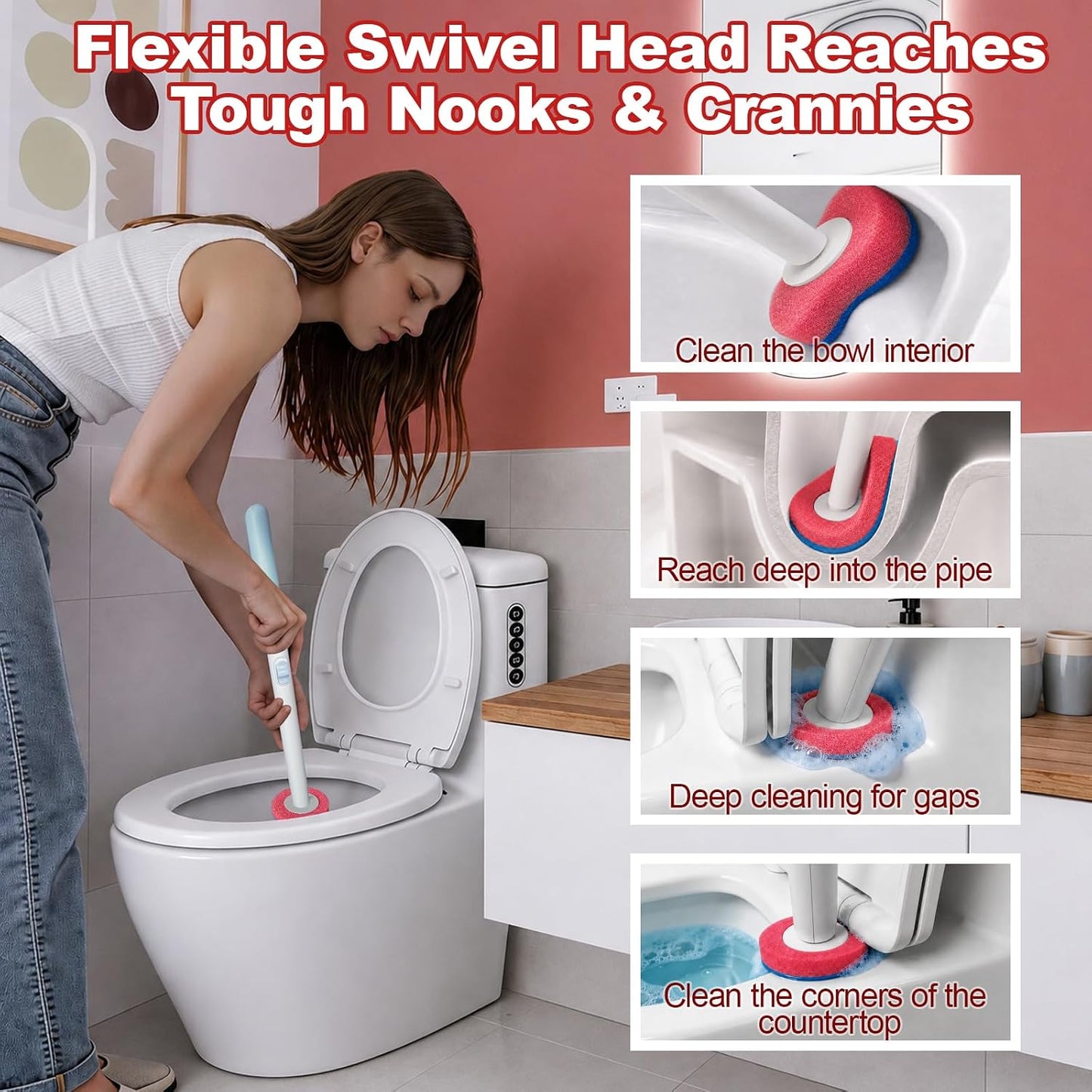 RV Toilet Brush, RV Accessories, Wall Mount Toilet Brush, 64 Toilet Refills | Hands Free Toilet Brush, One-Button Release, RV Toilet Brush and Holder Set, Compact Design, Camper Bathroom Accessories