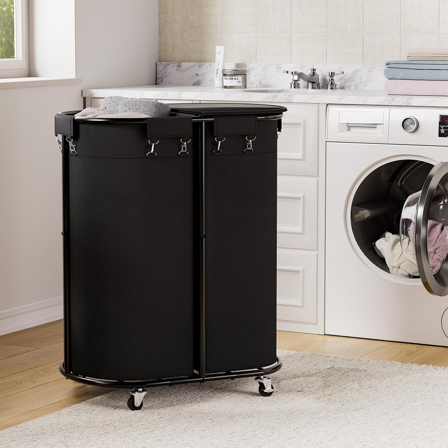 200L Double Laundry Hamper with Lid and Wheels, Large Oval Rolling Laundry Basket 2 section, Sturdy Metal Laundry Cart with 2 Removable Bags, Dirty Clothes Organizer for Home, Dorm, Black
