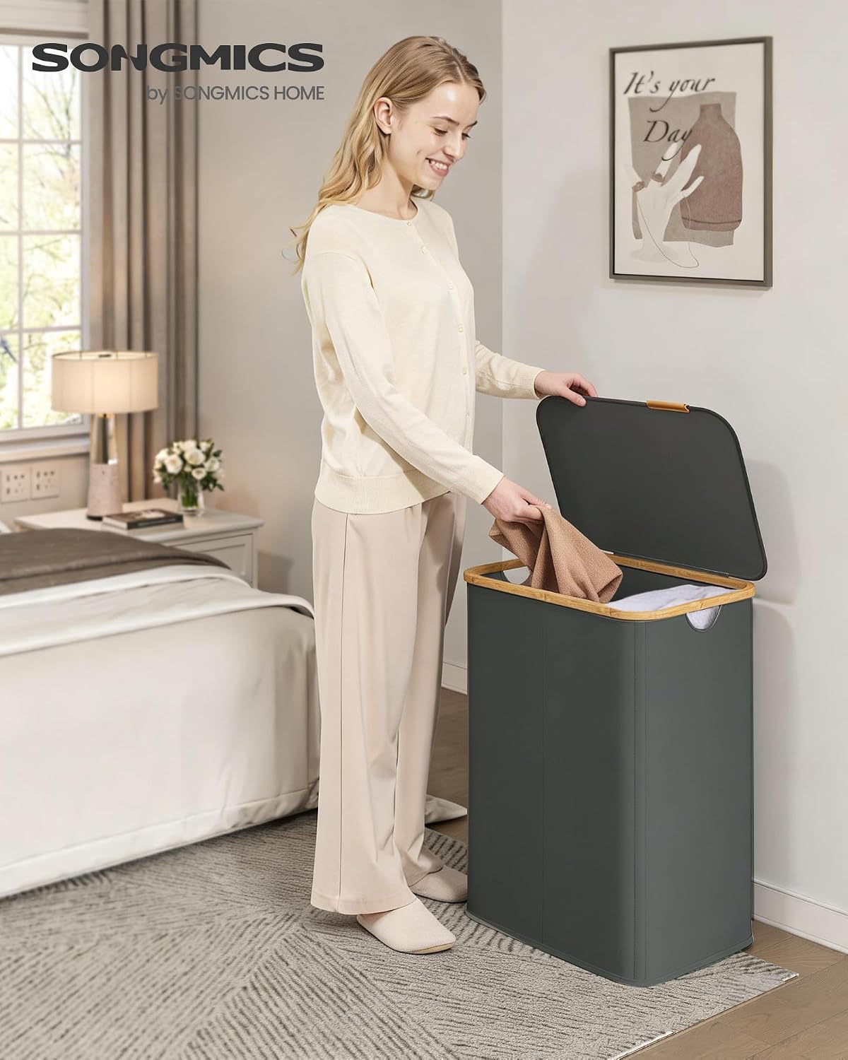 SONGMICS Laundry Hamper, Laundry Basket with Lid, Foldable Storage Basket, Bamboo Frame, for Bedroom, Living Room, Oxford Fabric, 37 Gal. (140 L), Cream White ULCB519WD01