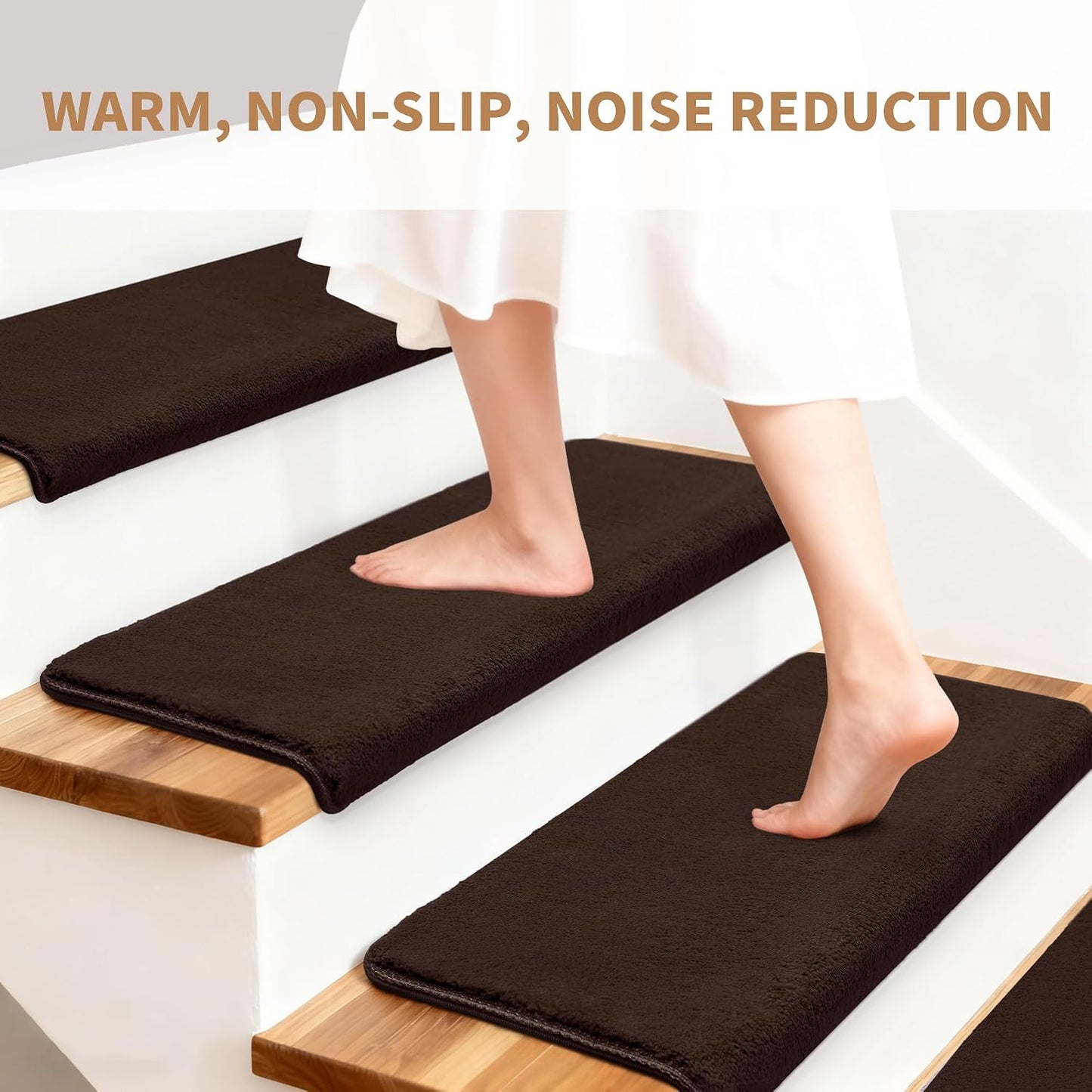 Bullnose Stair Treads Non Slip 9.5" x 32", 14 Pcs Ultra Plush Carpet Stair Treads for Wooden Steps Indoor with Edge Protection, Reusable Peel and Stick TPU Backing Stair Runner Rugs - Beige Gray