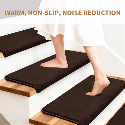 Bullnose Stair Treads Non Slip 9.5" x 32", 14 Pcs Ultra Plush Carpet Stair Treads for Wooden Steps Indoor with Edge Protection, Reusable Peel and Stick TPU Backing Stair Runner Rugs - Beige Gray