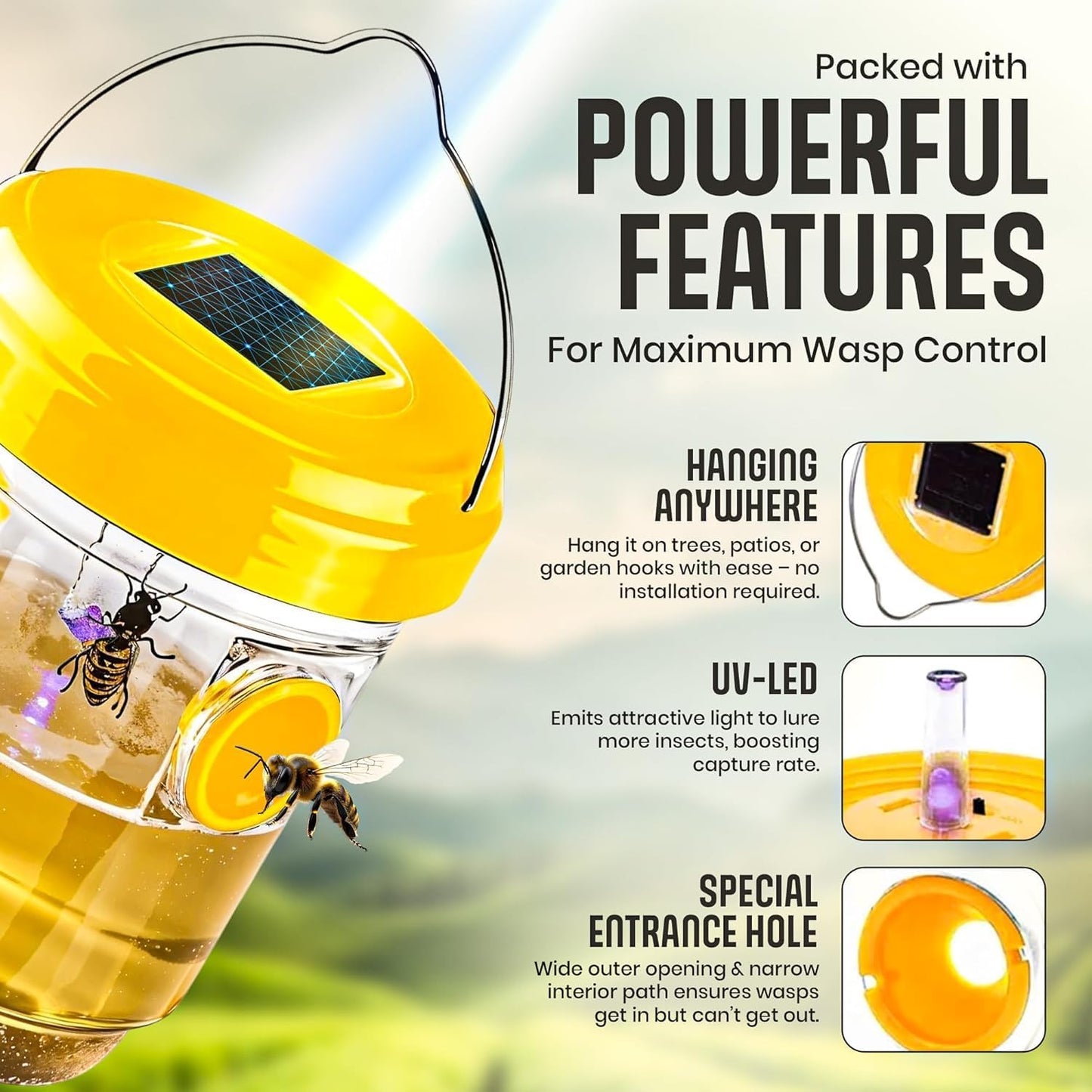 4 Pack Zapnest Solar Wasp Trap Outdoor Hanging Reusable Yellow Jacket, Hornet, Bee & Mud Dauber Catcher Bright Yellow Bug Repellent for Garden, Patio & Yard