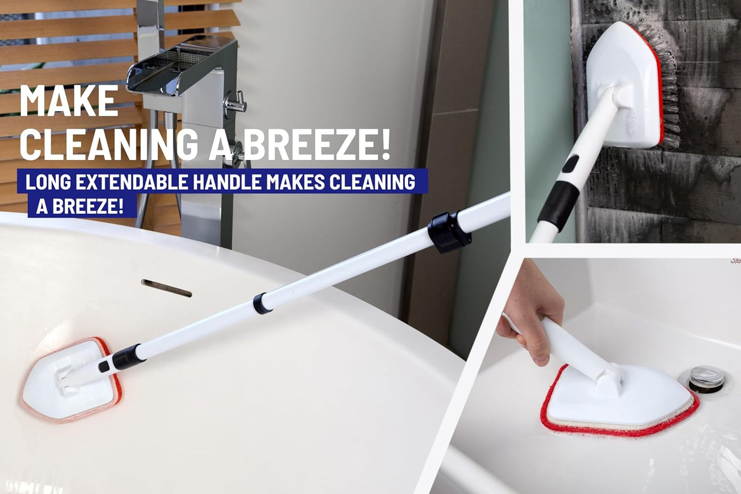 Moku Home Shower Scrubber 3 in 1 Extendable Long Handle 58" Cleaning Brush | Non-Scratch Bathroom Scrubber for Tub, Tile, Shower, Kitchen, Toilet, Sink, Wall & Floor; Telescopic Shower Cleaning Brush