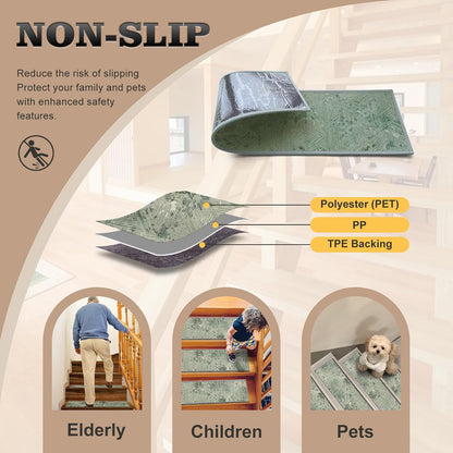 Non Slip Stair Treads for Wooden Steps, 15 Pack 8"x30" Washable Carpet | 8x30 in soft chenille polyester stair treads with reusable TPE backing for indoor wood stairs, dogs, kids, and seniors
