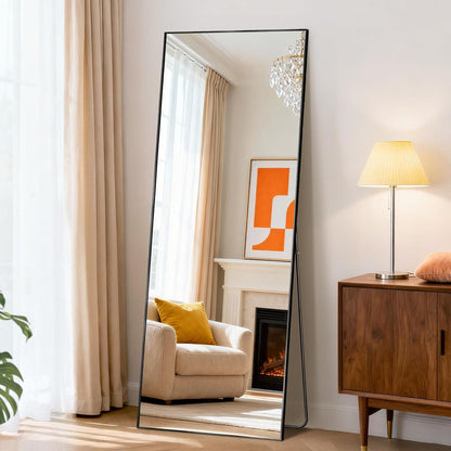 DUMOS 64"x21" Full Length Mirror, Full Body Mirror, Black | Aluminum Alloy Thin Frame, Leaning or Hanging, Suitable for Bedroom, Livingroom, Cloakroom