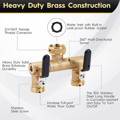 2 Way Garden Hose Splitter, Brass Y-Valve Hose Splitter. | Brass Garden Hose Splitter, 2 Way Heavy Duty Faucet Splitter with Shut Off Valve, 3/4" GHT Thread, Hose Bib Adapter