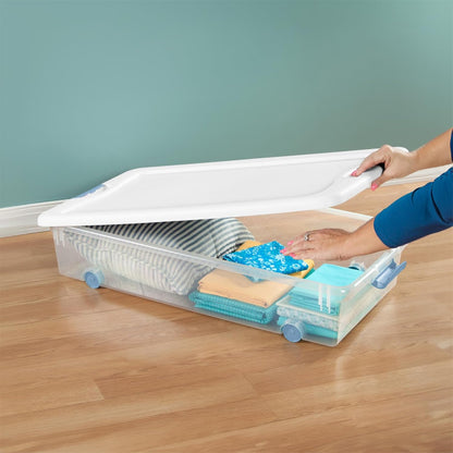 Sterilite 4-Pack 56 Quart Wheeled Latching Box, Underbed Clear Plastic Storage Organizer - Under Bed Rolling Container Bin with Lid and Wheels for Home or Dorm Bedrooms and Closets