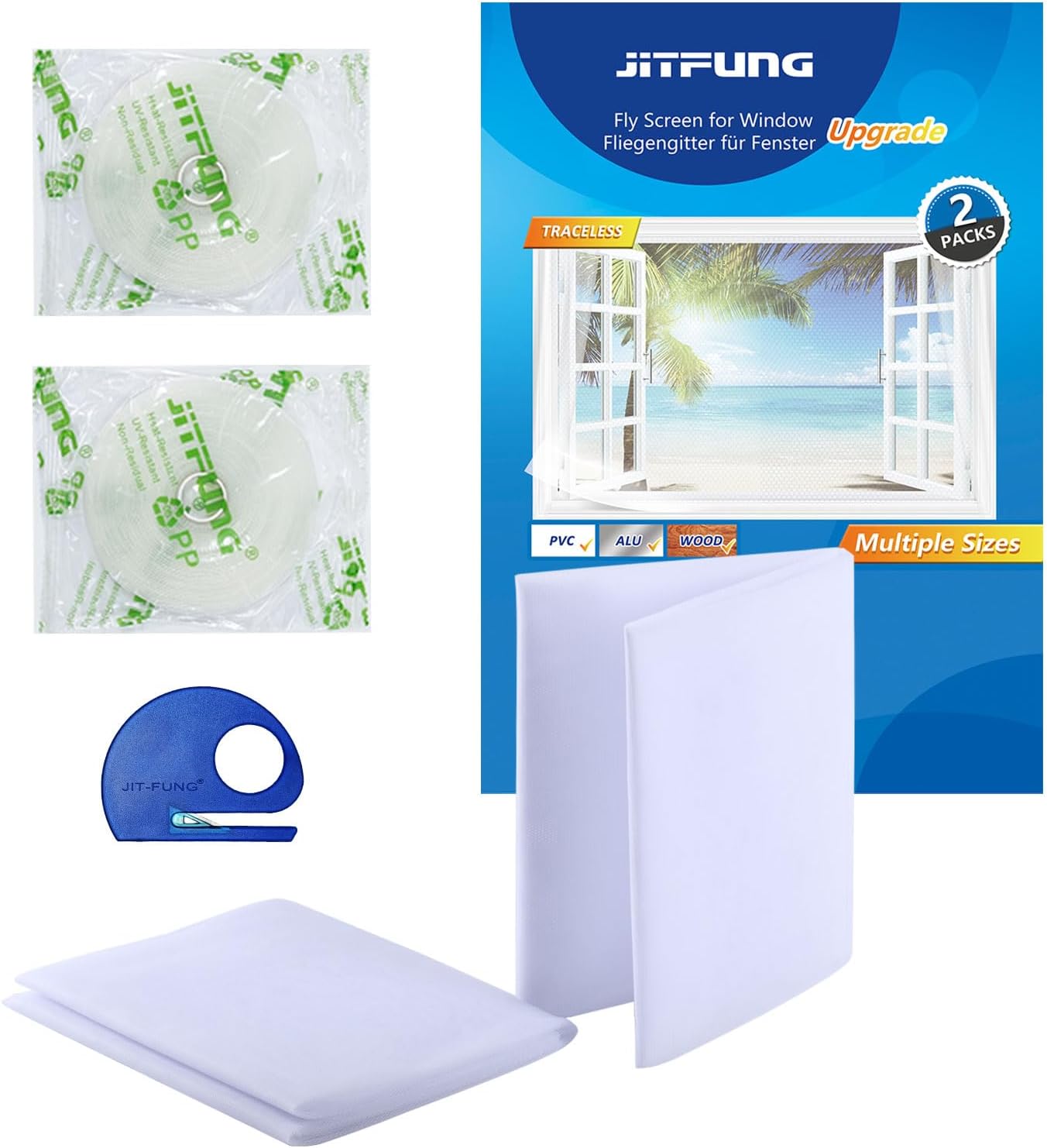 DIY Window Screen Curtain, 2 Packs of Mesh Netting 51 * 61 inches with [Upgrade] Self-Adhesive Hook Tapes & Cutter, Suitable for Multiple Windows, White (Set of 2)