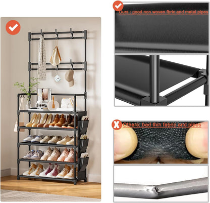 OYREL Shoe Rack 5 Tier Shoe Organizer Storage 15-20 Pairs Shoes Rack for Closet Entrance Shoe Rack Organizer with Hooks and Side Pocket Entryway Shoe Holder Space Saving Free Standing Shoe Racks