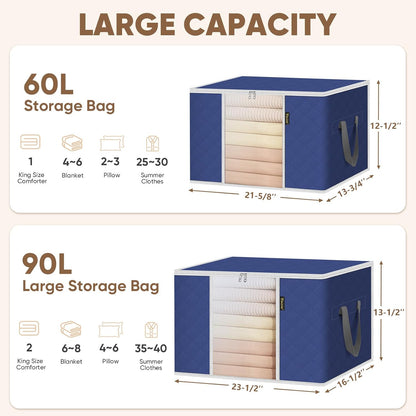 BALEINE 2 Pack Clothes Storage Bags, 16 Gallon Storage Containers with Reinforced Handle, Sturdy Zipper, Closet Organizer for Blanket, Comforter, Pillow, Bedding (Grey, 2 Pack)
