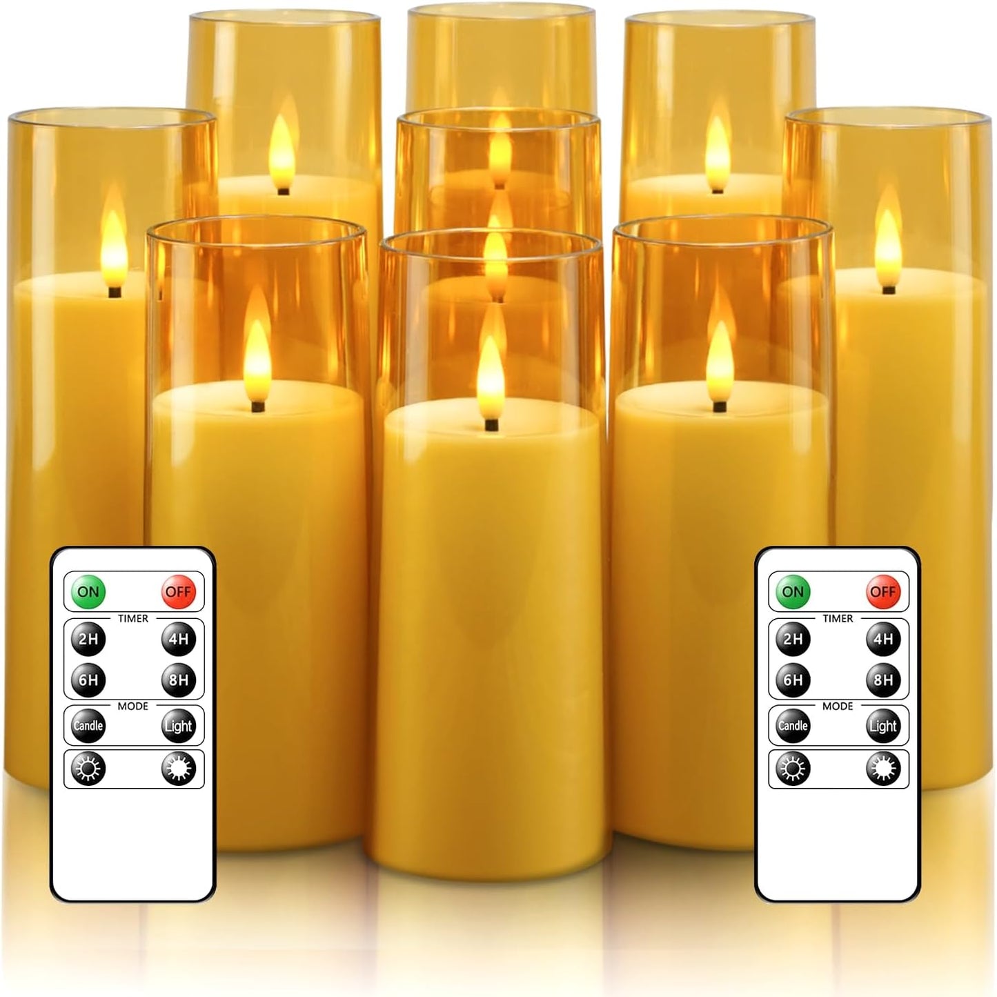 kakoya Flickering Flameless Candles Battery Operated with Remote and 2/4/6/8 H Timer Plexiglass Led Pillar Candles Pack of 9(D2.3 xH5.5 6.5" 7.5") with Realistic 3D Wick Candles for Home Decor(Ivory)