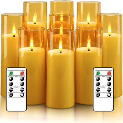 kakoya Flickering Flameless Candles Battery Operated with Remote and 2/4/6/8 H Timer Plexiglass Led Pillar Candles Pack of 9(D2.3 xH5.5 6.5" 7.5") with Realistic 3D Wick Candles for Home Decor(Ivory)