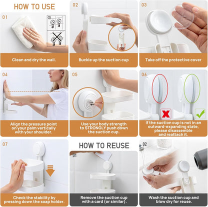 LEVERLOC Soap Dish Holder for Shower Suction Cup Wall Mounted Self Draining NO-Drilling Removable Bar Soap Sponge Holder for Bathroom Bathtub Kitchen Sink Waterproof Strong Vacuum Suction Adhesion