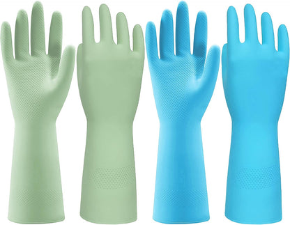 JOR Kitchen Dishwashing Gloves, Durable and Reusable Rubber with Non-Slip Grip, For Household Chores, Multi-purpose Use for Pantry, Bathroom Laundry, Medium, 12-inch Long Cuff, 2 Pairs, Green & Blue