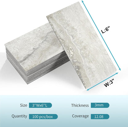 Vamos Tile 100-Piece Glossy Dolomite White Peel and Stick Backsplash Tile,3''x6'' PVC Subway Tile with White Grout, Stick on Backsplash for Kitchen/Bathroom/Fireplace