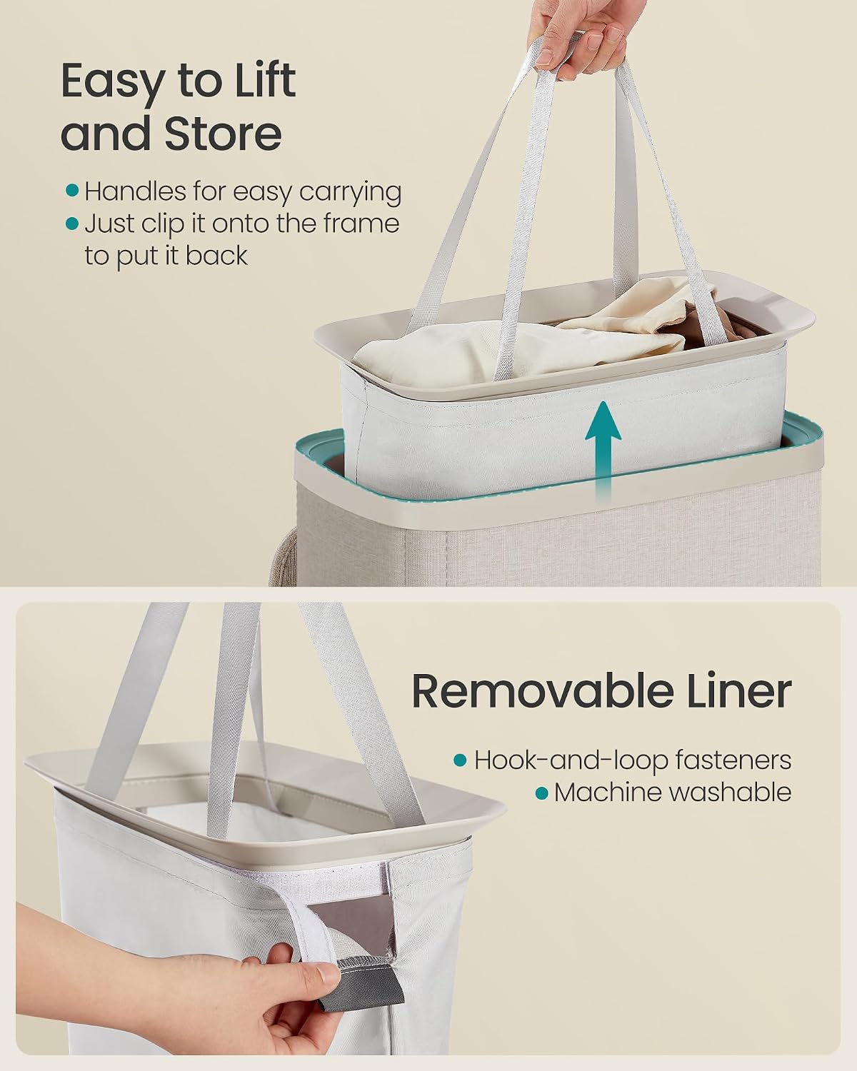 SONGMICS Laundry Basket, 50.2 Gal. Laundry Hamper, 3 Compartments, Easy Assembly, with Lid and Handles, Removable Liners, 25.2 x 15.7 x 29.5 Inches, Cappuccino Beige ULCB814LH01