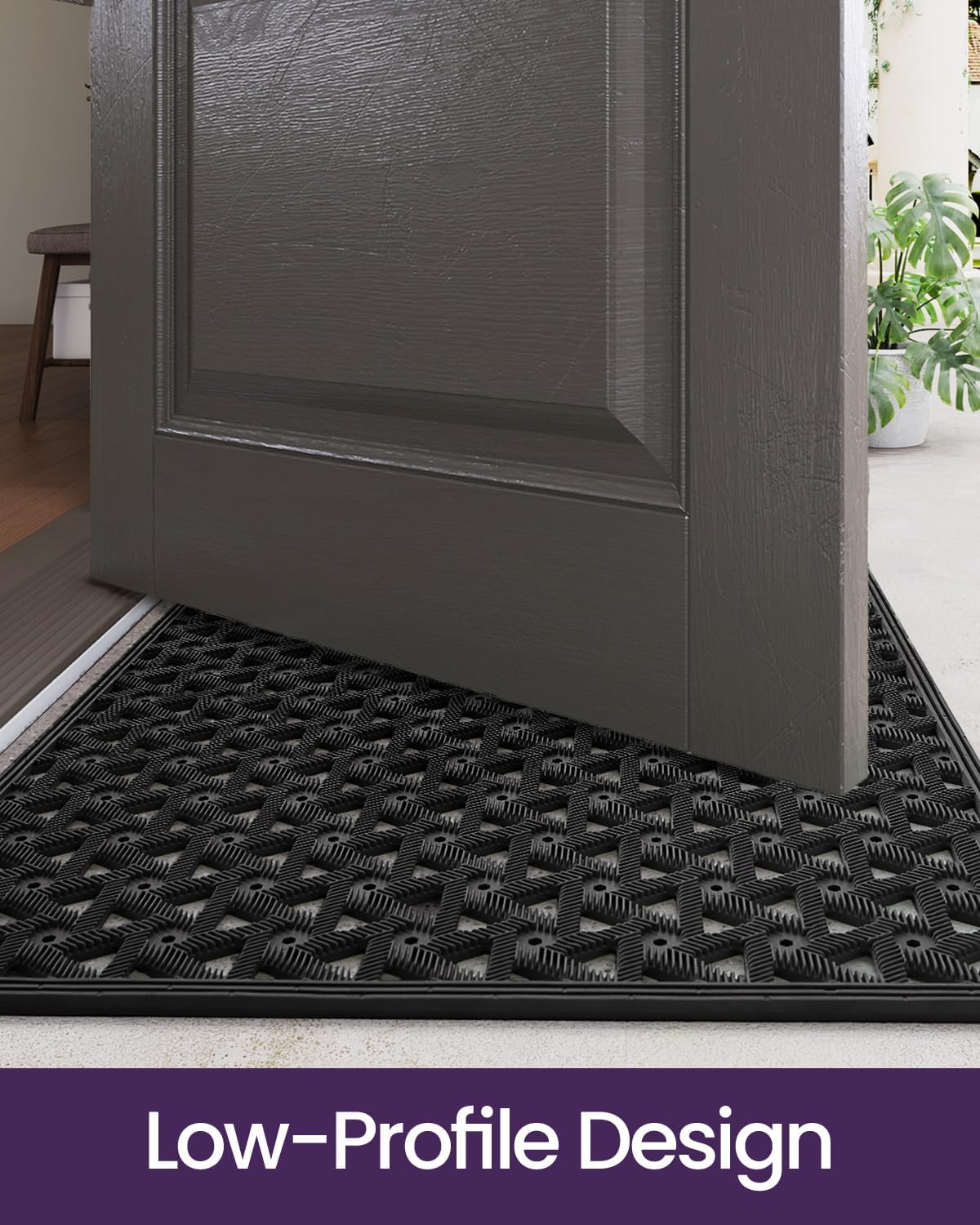 DEXI Front Door Mat Outside Entrance Rubber 19x30, Welcome Floor Doormat Heavy Duty Non Slip, Dirt Trapper Waterproof Exterior Entry Mats All Weather for Patio Entryway Drainage, Black