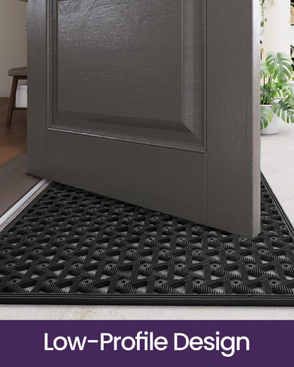 DEXI Front Door Mat Outside Entrance Rubber 19x30, Welcome Floor Doormat Heavy Duty Non Slip, Dirt Trapper Waterproof Exterior Entry Mats All Weather for Patio Entryway Drainage, Black
