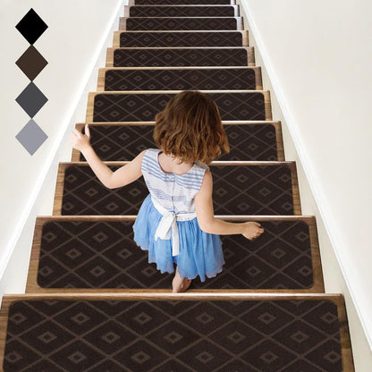 RIOLAND Stair Treads Carpet Non-Slip Indoor 15 PCS Wood Stair Treads Rugs Anti Moving Modern Stair Runners Safety for Kids Dogs, 8" X 30", Diamond Gray