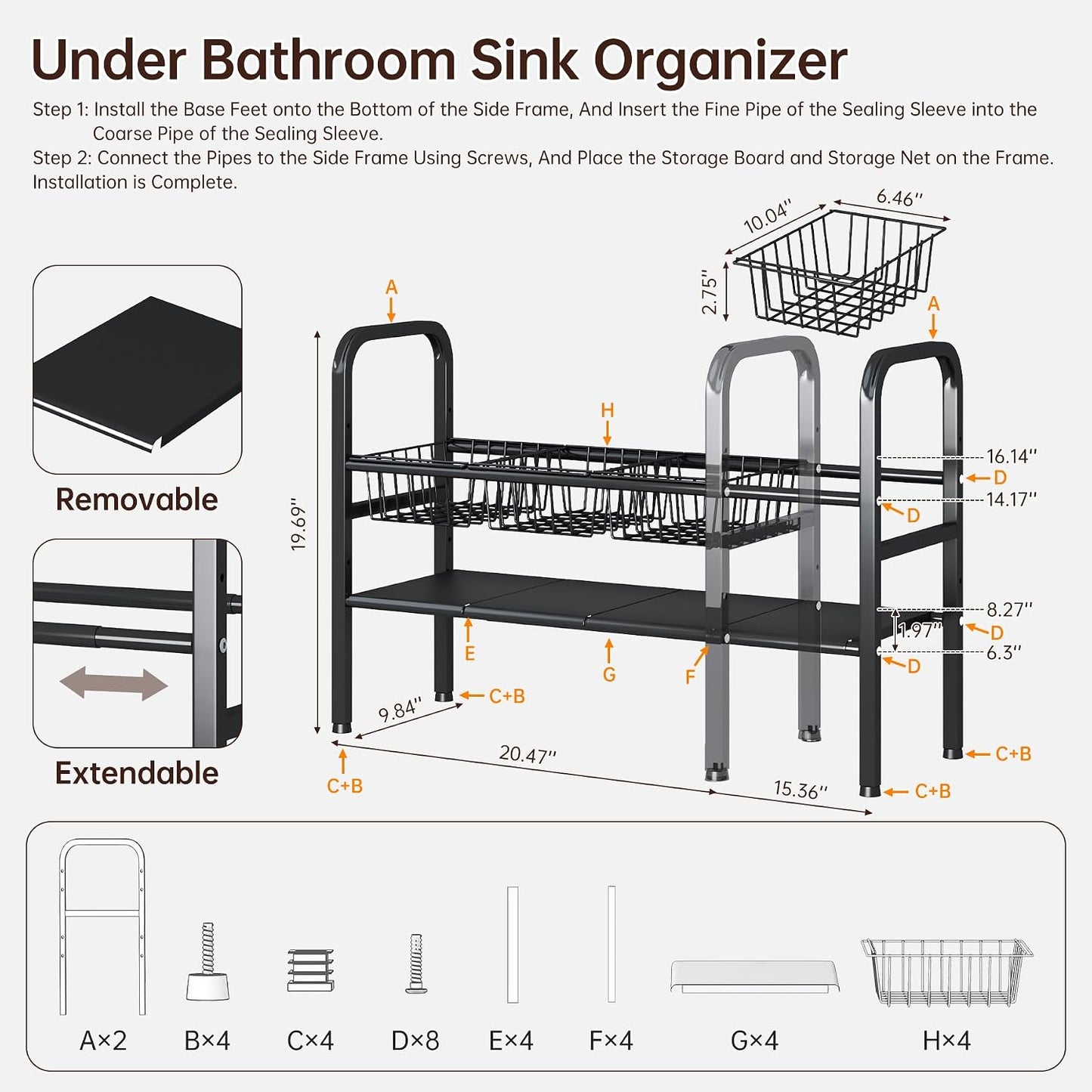 2 Tier Under Sink Organizer Expandable Length/Height Adjustable Heavy | Length/height adjustable fits any cabinet, 4 removable shelves/baskets, anti-wobble feet, for kitchen/bathroom/laundry