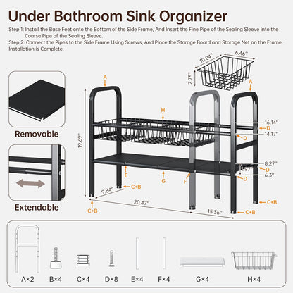 2 Tier Under Sink Organizer Expandable Length/Height Adjustable Heavy | Length/height adjustable fits any cabinet, 4 removable shelves/baskets, anti-wobble feet, for kitchen/bathroom/laundry