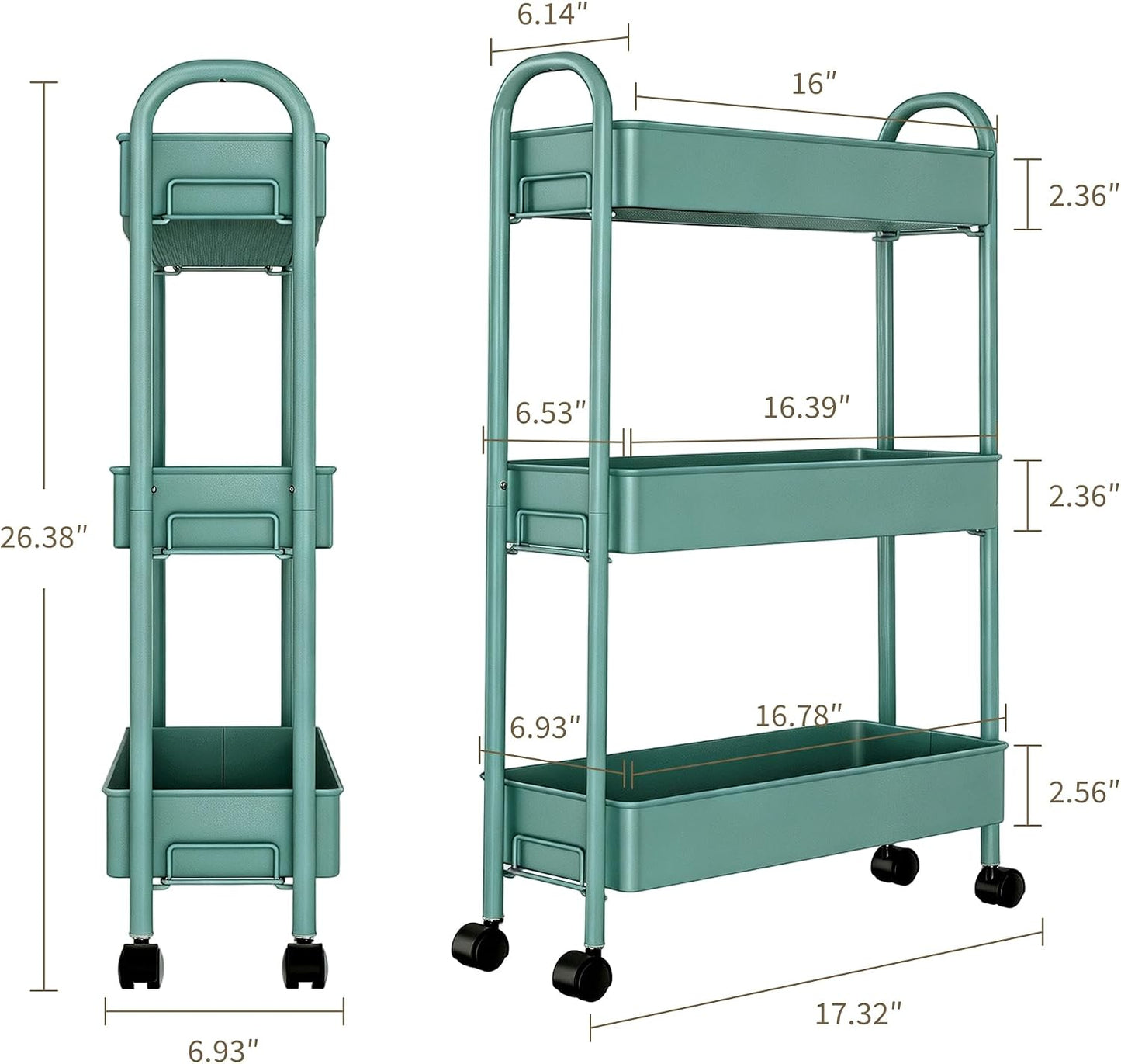 Slim Rolling Cart, Metal Frame Utility Rolling 3-Tier Narrow Storage Cart with Handle Kitchen Storage Organizer, Mobile Shelving Unit for Bathroom Kitchen