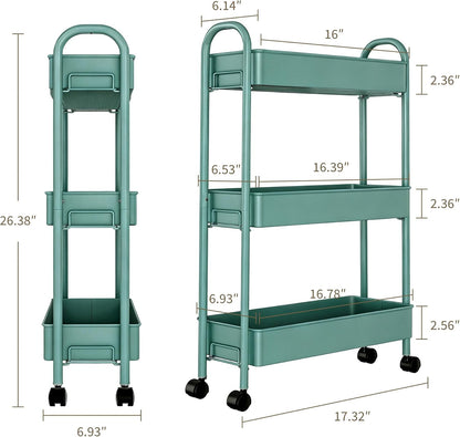 Slim Rolling Cart, Metal Frame Utility Rolling 3-Tier Narrow Storage Cart with Handle Kitchen Storage Organizer, Mobile Shelving Unit for Bathroom Kitchen